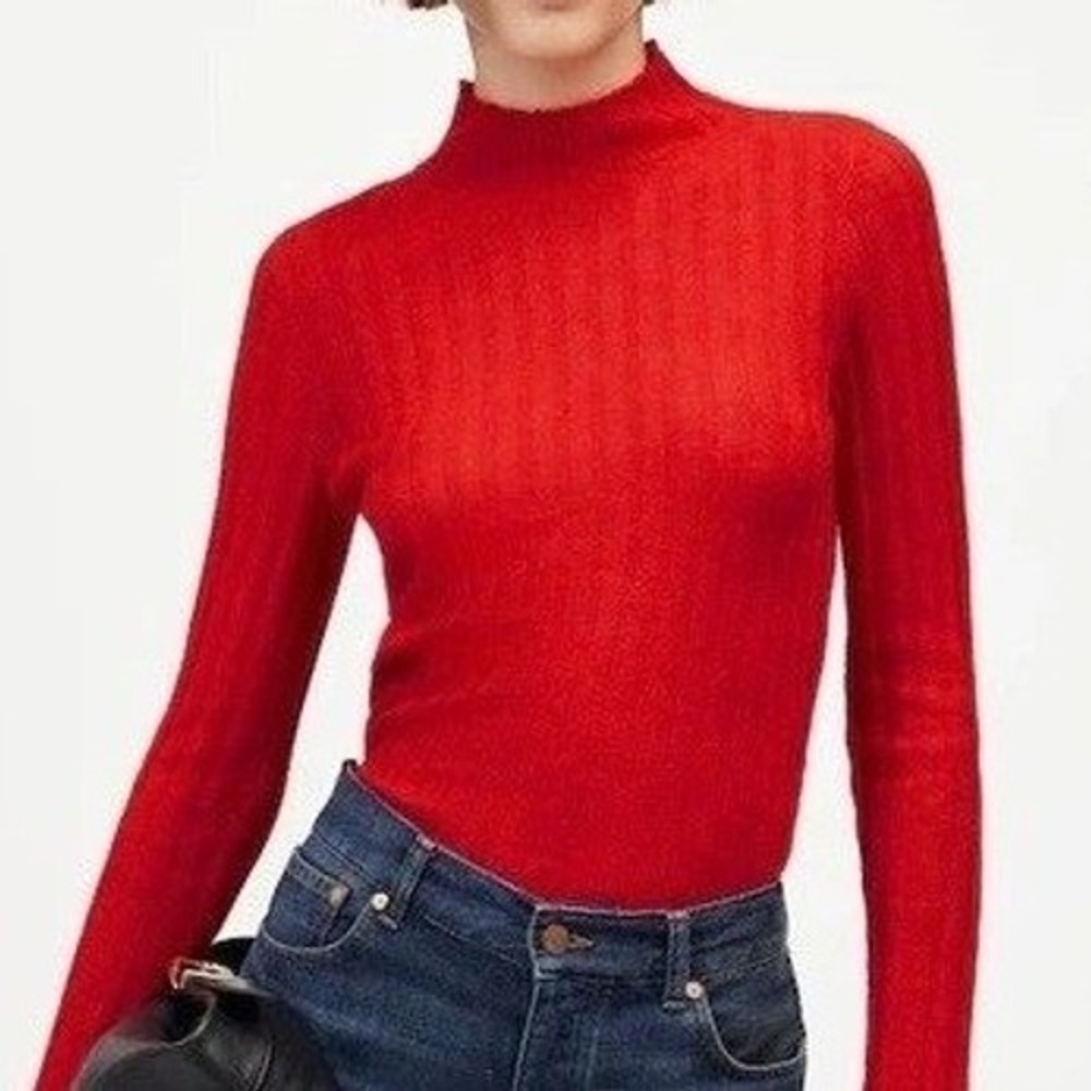 Fuzzy Ribbed Mock‎ Neck Alpaca Blend Sweater Casual Small Madewell Women Red